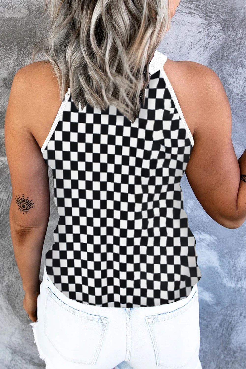 Black Plaid O Neck Sleeveless Tank Top