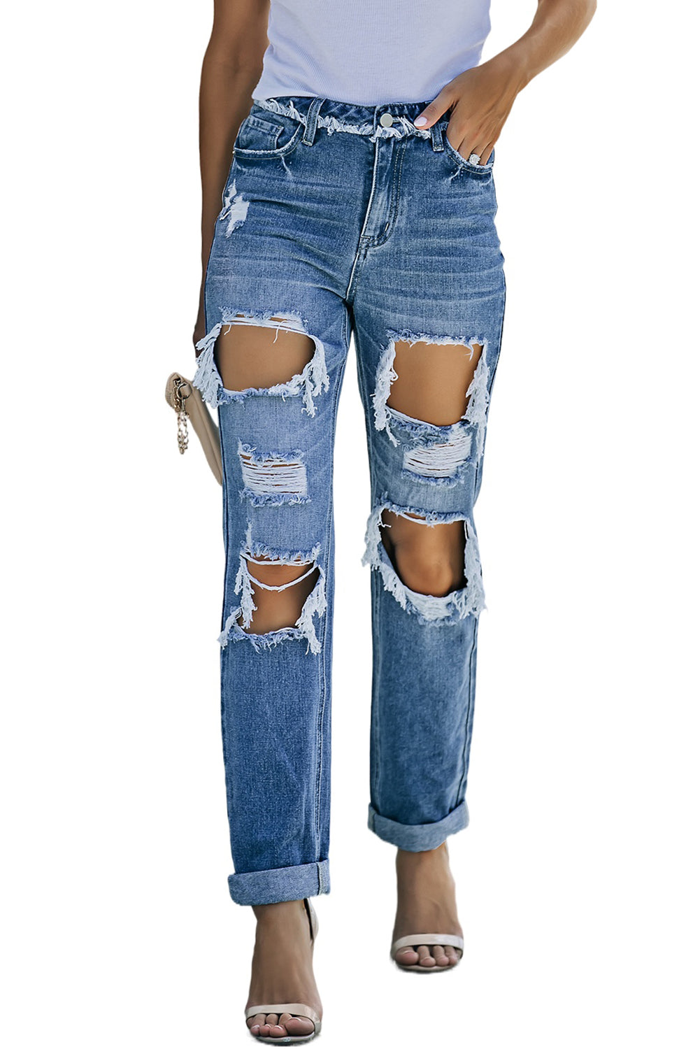 Sky Blue Cut Out Straight Leg Distressed Boyfriend Jeans