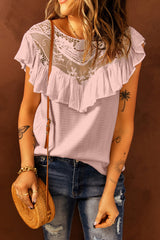 Pink Lace Splicing Ruffled Short Sleeve T-shirt