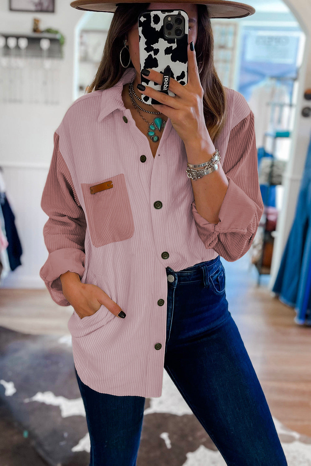 Beige Corduroy Buttoned Front Pocketed Shacket