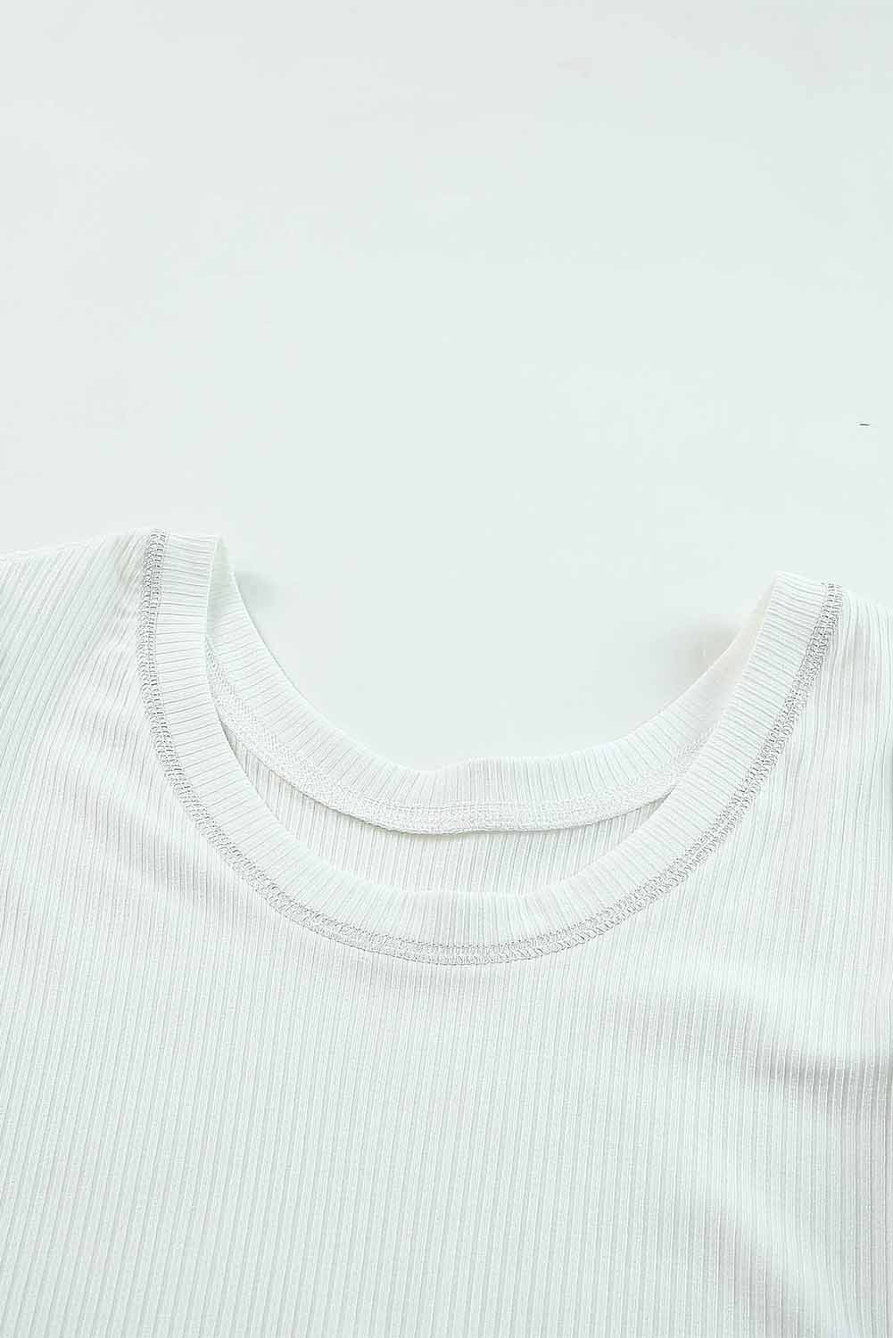 White Round Neck Half Sleeve Ribbed Knit Top