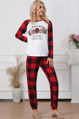 Red Plaid Merry Christmas Graphic Loungewear Set