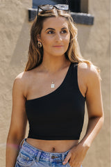 Black One Shoulder Sleeveless Crop Top