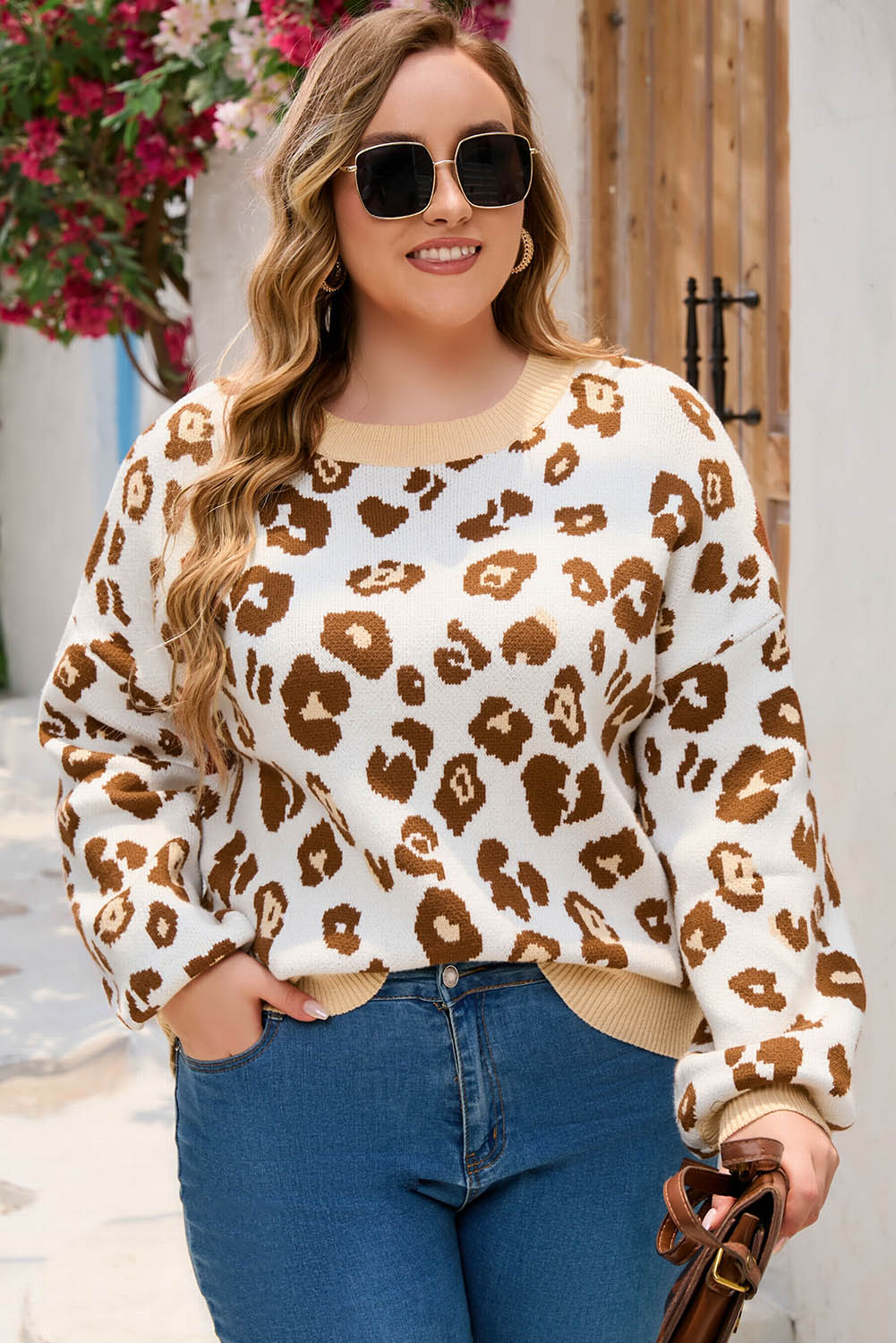 Leopard Plus Size Ribbed Hem Leopard Sweater