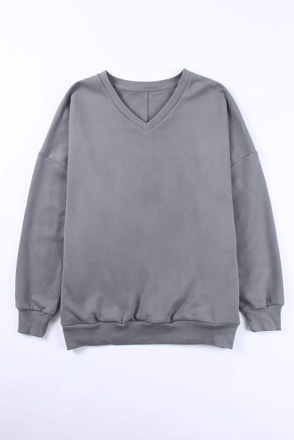 Gray Ribbed V Neck Drop Shoulder Sweatshirt