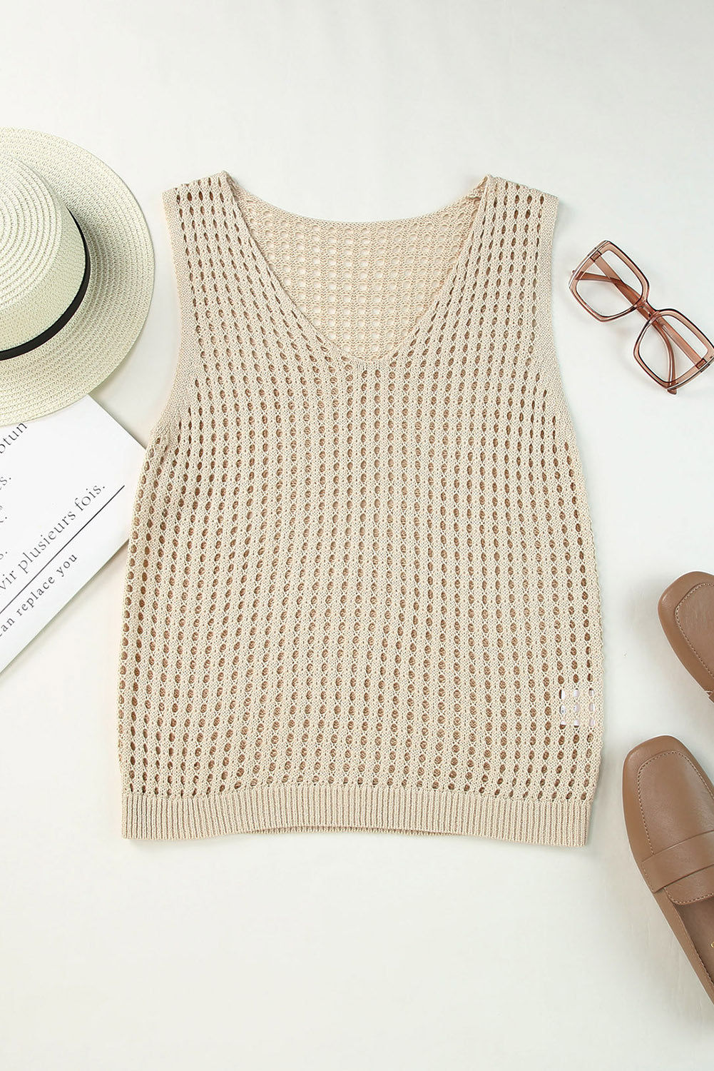 Khaki V Neck Fishnet Hollow-out Knitted Tank Top