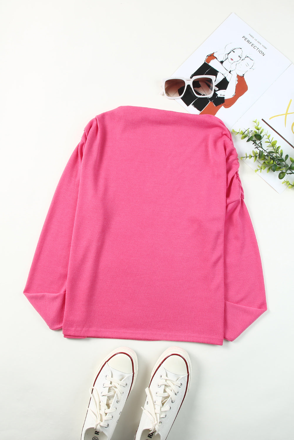 Rose Solid Color Cold Shoulder Long Sleeve Top