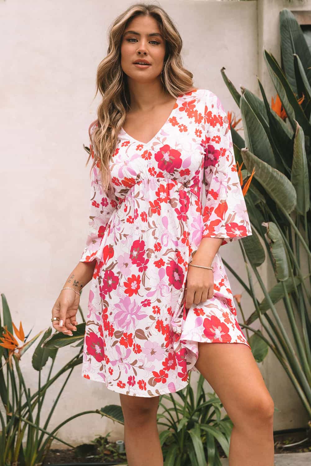 White V Neck 3/4 Sleeve Floral Dress