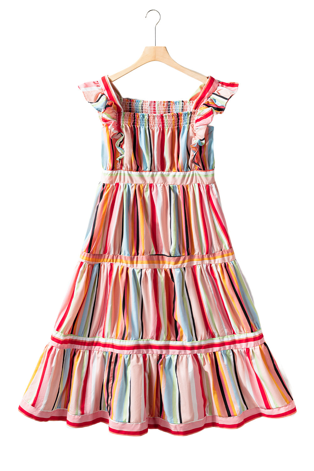 Pink Rainbow Stripe Ruffles Ruched Tiered Dress