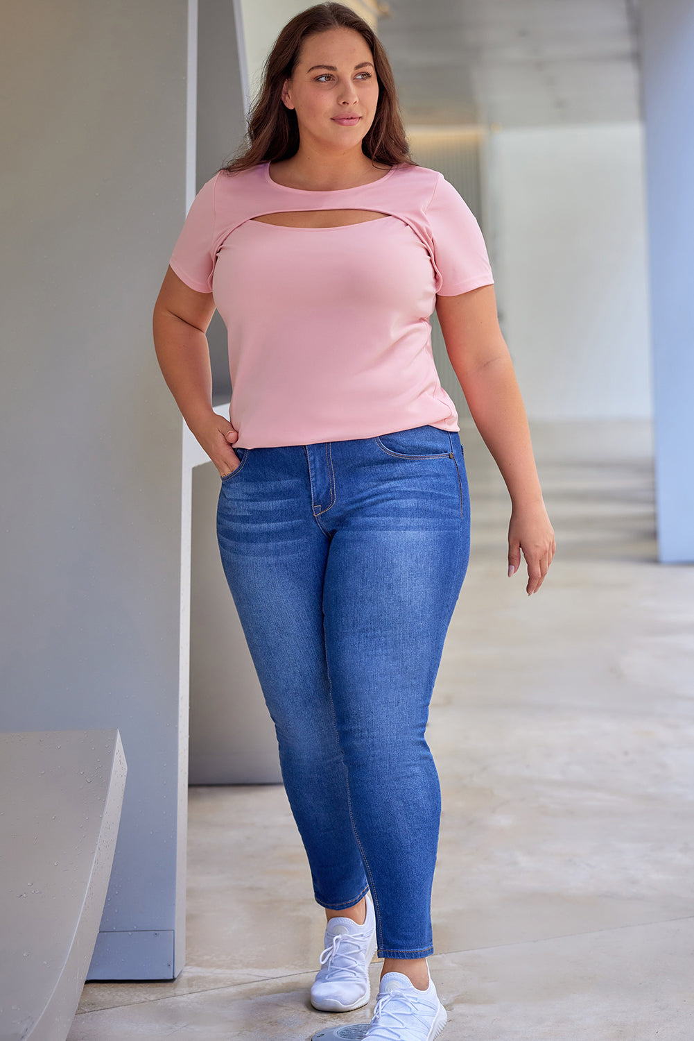 Pink Peekaboo Cutout Front Plus Size T-shirt