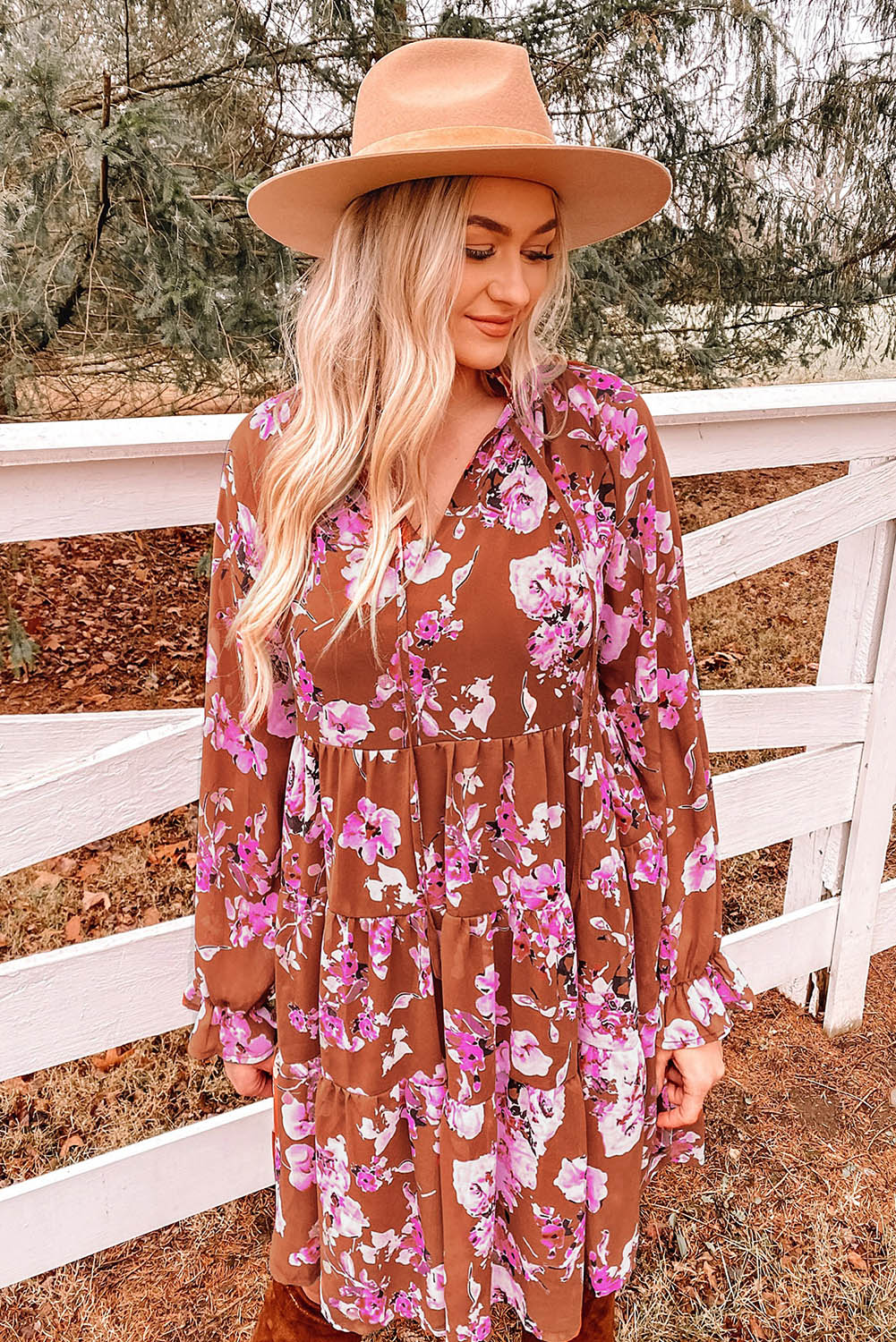 Brown Floral Print Drawstring V Neck Ruffled Babydoll Mini Dress