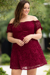 Red Lace Frill Bubble Sleeve Off Shoulder Plus Size Dress