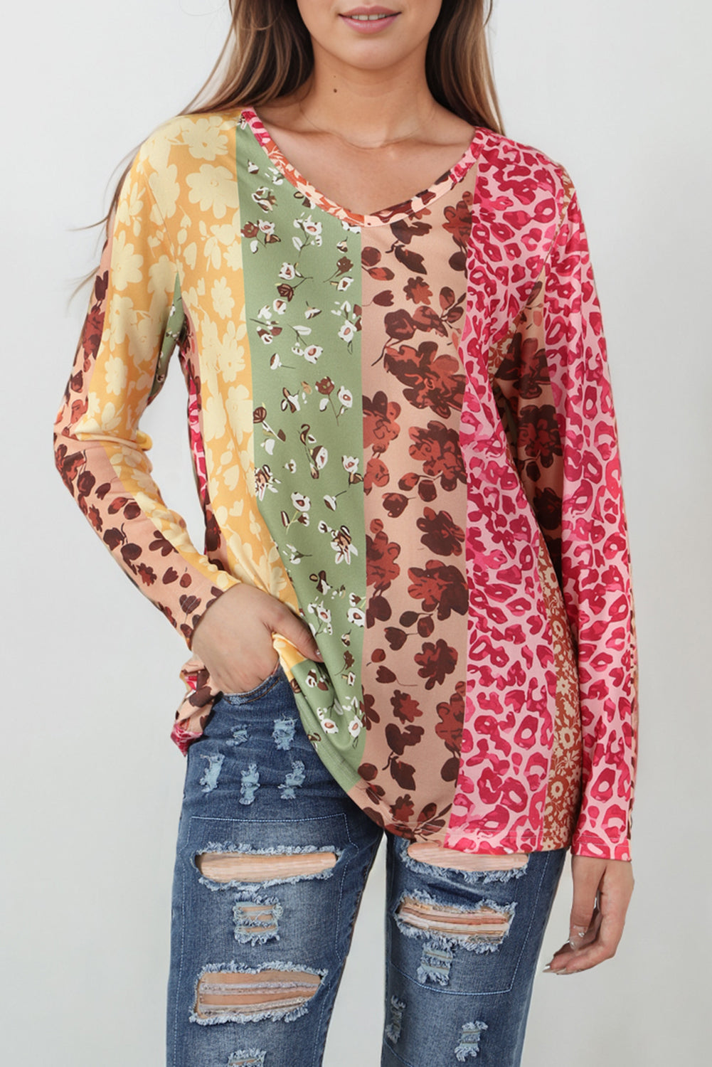 Multicolor Floral Leopard Mixed Print V Neck Long Sleeve Tee