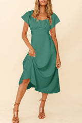 Green Off-shoulder Smocked Tie Back Midi Dress