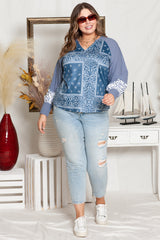 Sky Blue Leopard Paisley Patchwork Split Neck Plus Size Top