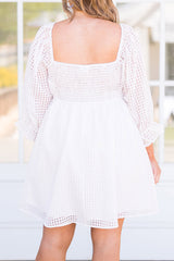 White Gingham Square Neck Puff Sleeve Plus Size Dress