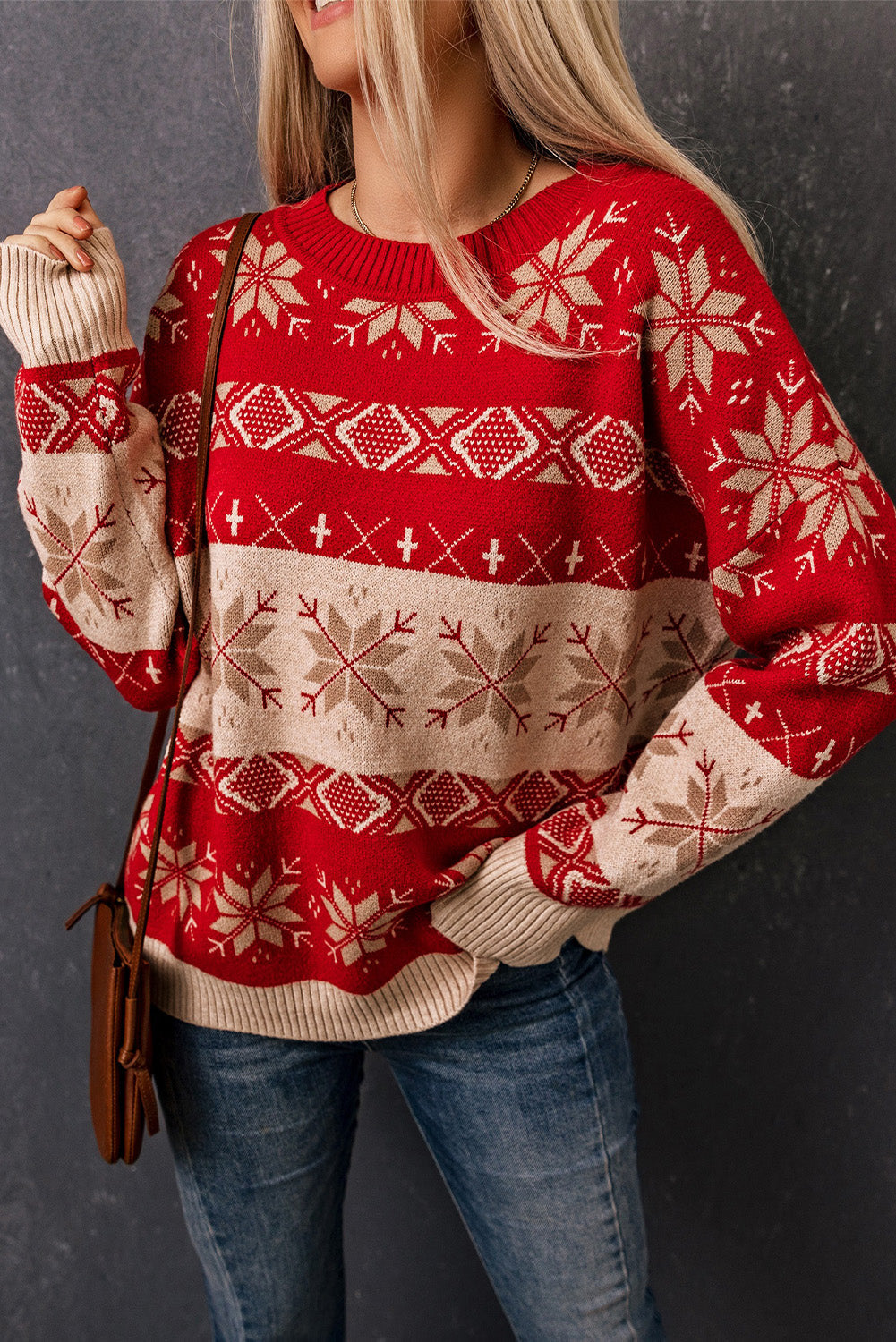 Red Christmas Snowflake Geometric Pattern Sweater