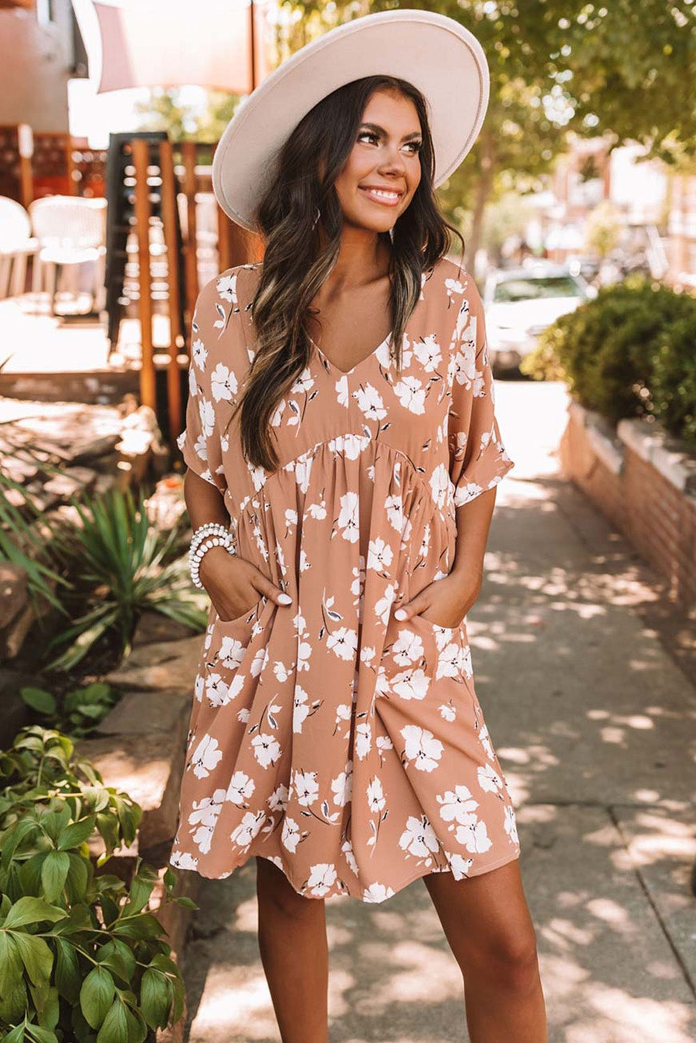 Khaki V Neck Floral Babydoll Dress with Pockets