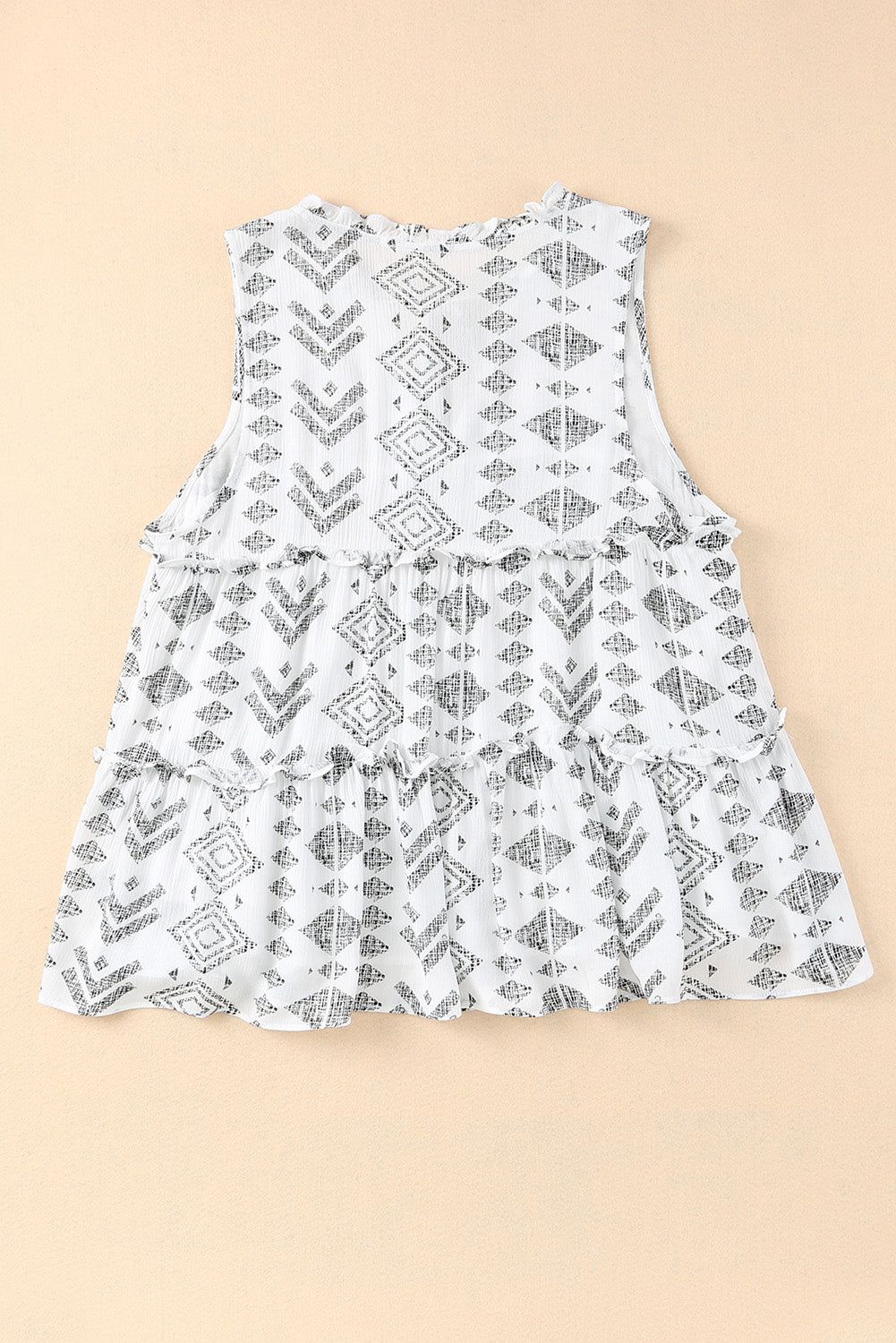 White Tribal Geometric Print Tiered Frilled V Neck Tank Top