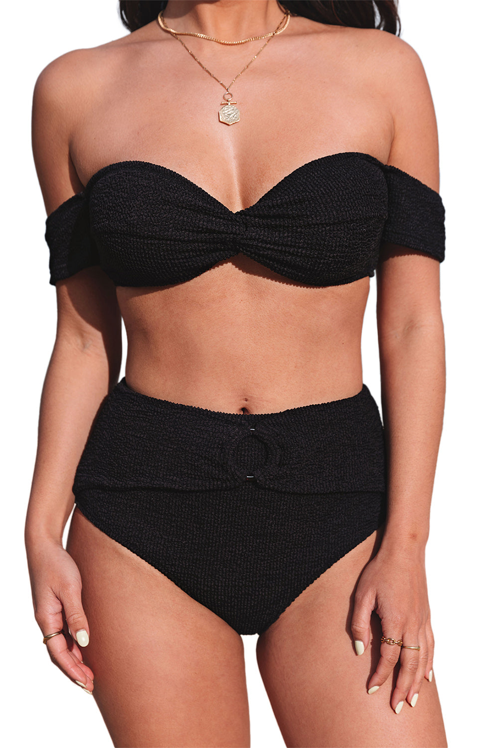 Black Crinkle Textured Bandeau High Waist Bikini Set