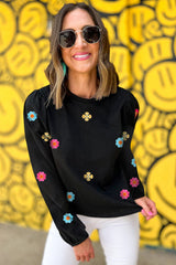 Black Floral Embroidered Puff Sleeve Top