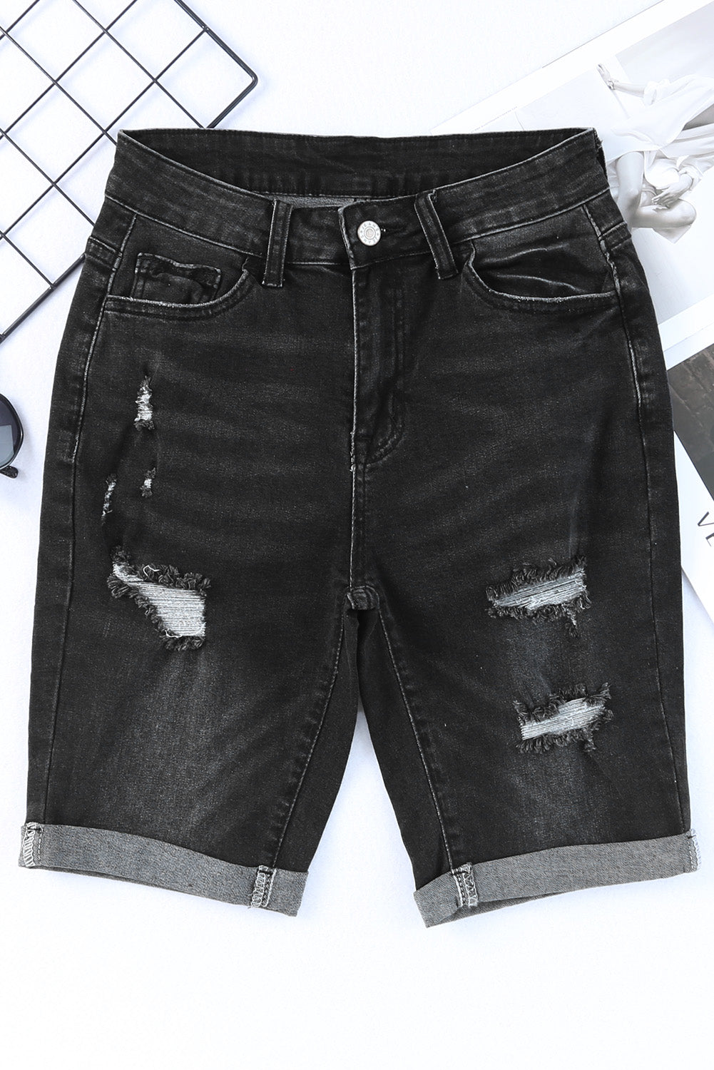 Blue Roll-up Distressed Bermuda Denim Shorts