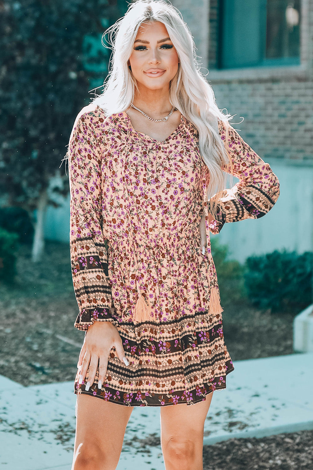 Pink Split V Neck Boho Floral Dress