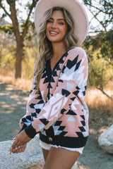 Pink Oversized Aztec Buttons Front Cardigan