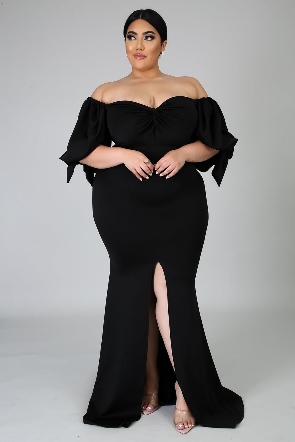 Black Bow Tie Puff Sleeve Plus Size High Slit Maxi Dress