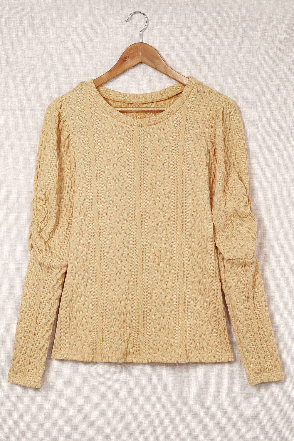 Khaki Solid Color Puffy Sleeve Textured Knit Top