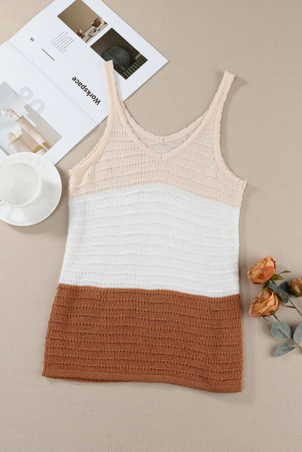 Khaki Striped Knit Color Block Tank Top