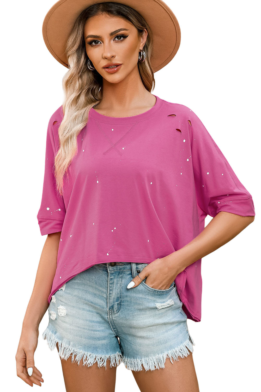 Pink Distressed Bleached Asymmetric Hem Short Sleeve Top