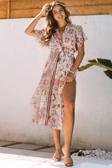 Red Boho Print Deep V Kimono Sleeves Beach Dress with Split