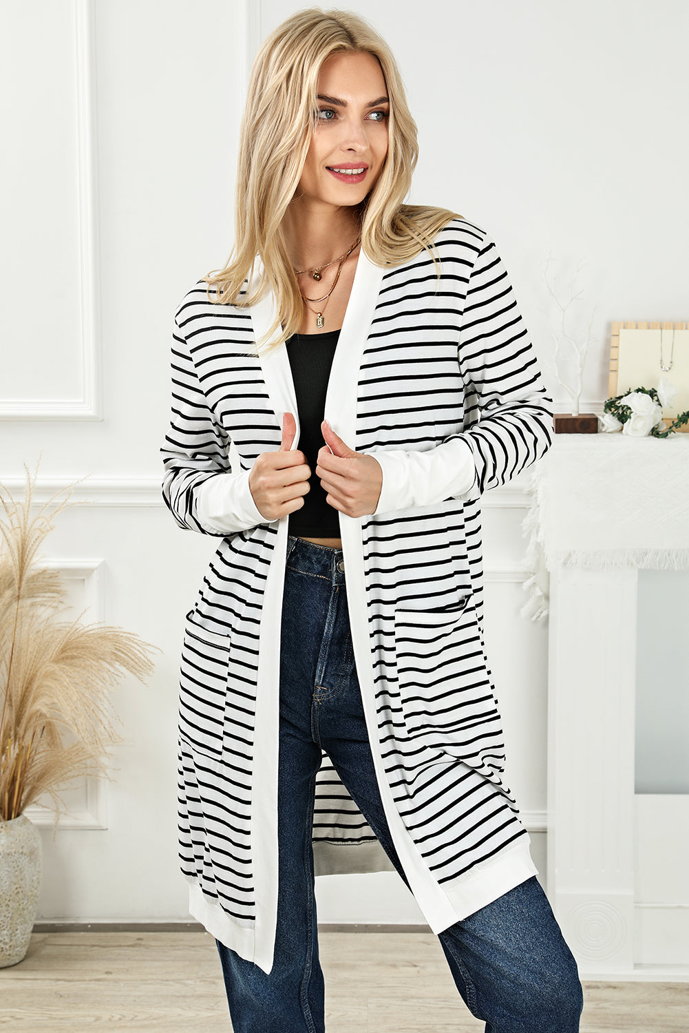 White Striped Side Pockets Open Front Cardigan