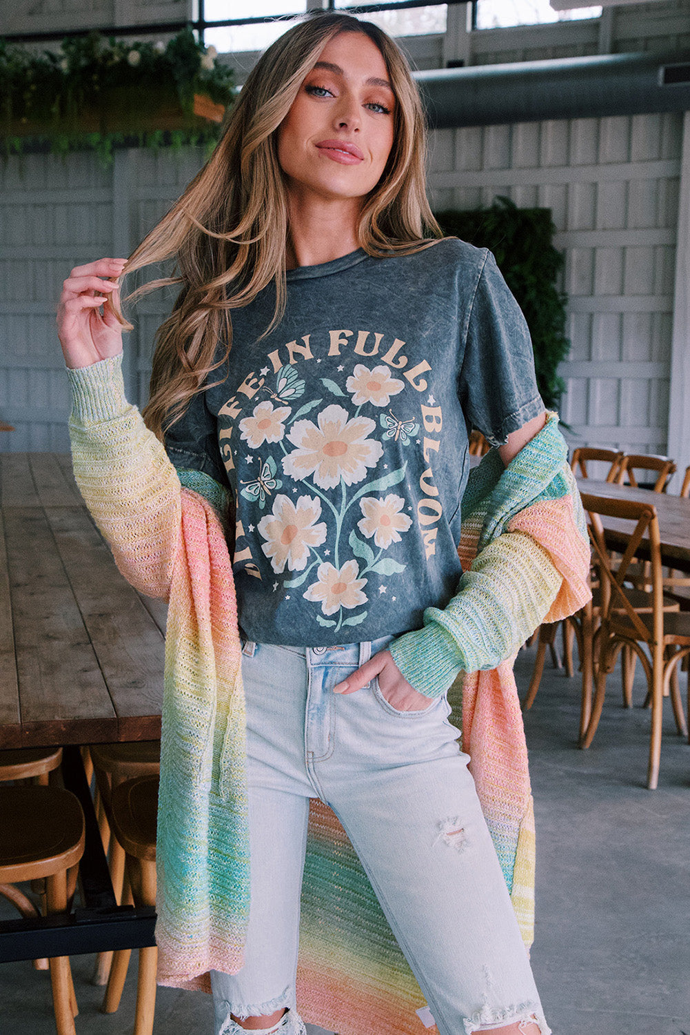 Green  Gradient Knit Open Cardigan with Pockets