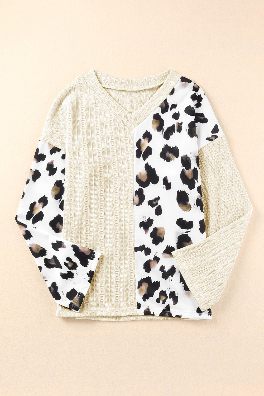 Khaki Asymmetric Leopard Patchwork Wide Sleeve V Neck Sweater