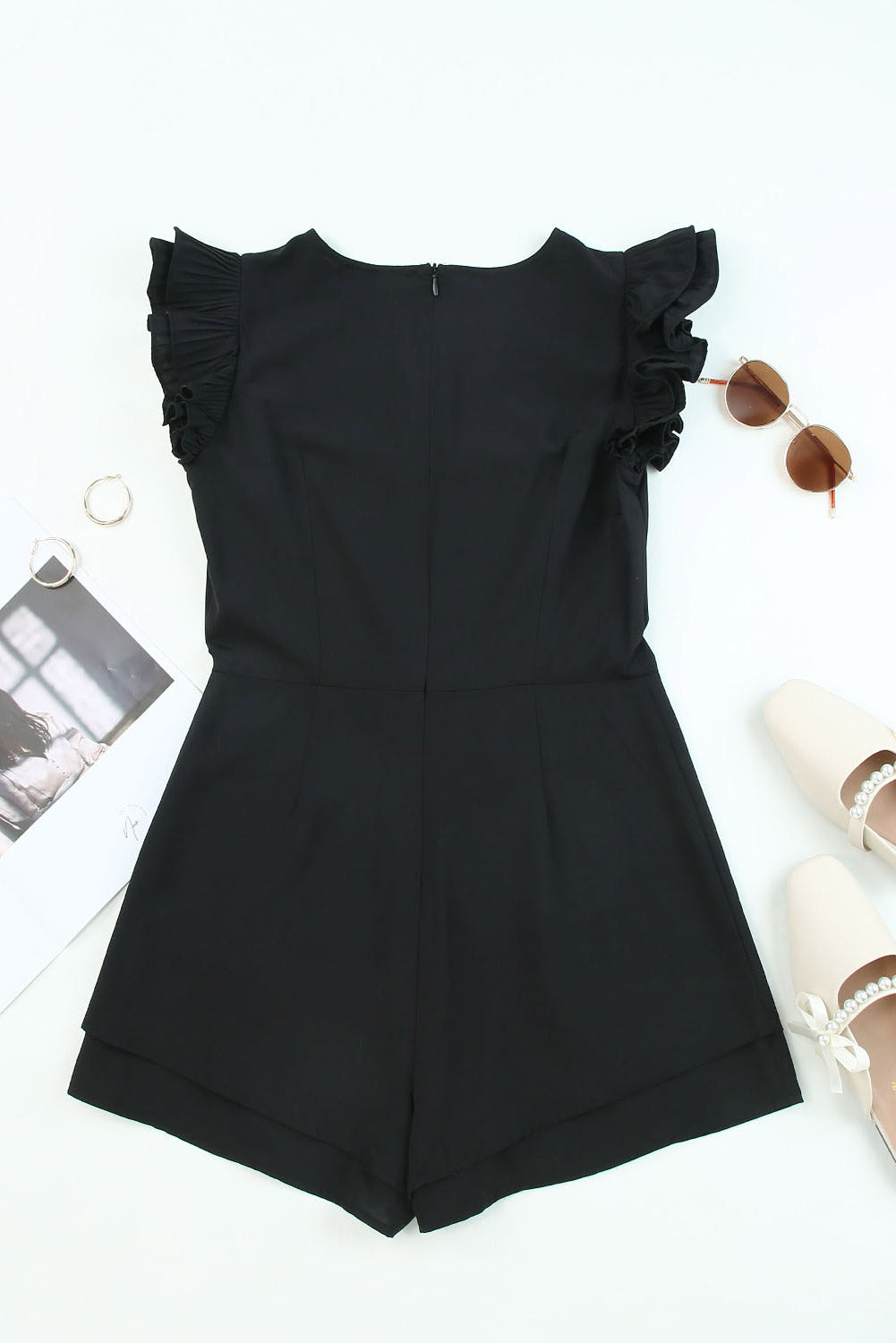 Black Ruffle Sleeves Solid Romper