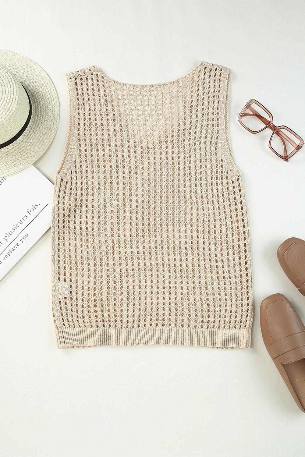 Khaki V Neck Fishnet Hollow-out Knitted Tank Top