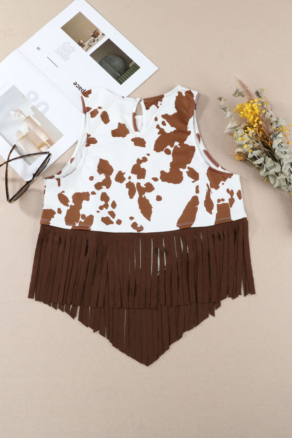 White Cow Printed Fringe Hem Tank Top