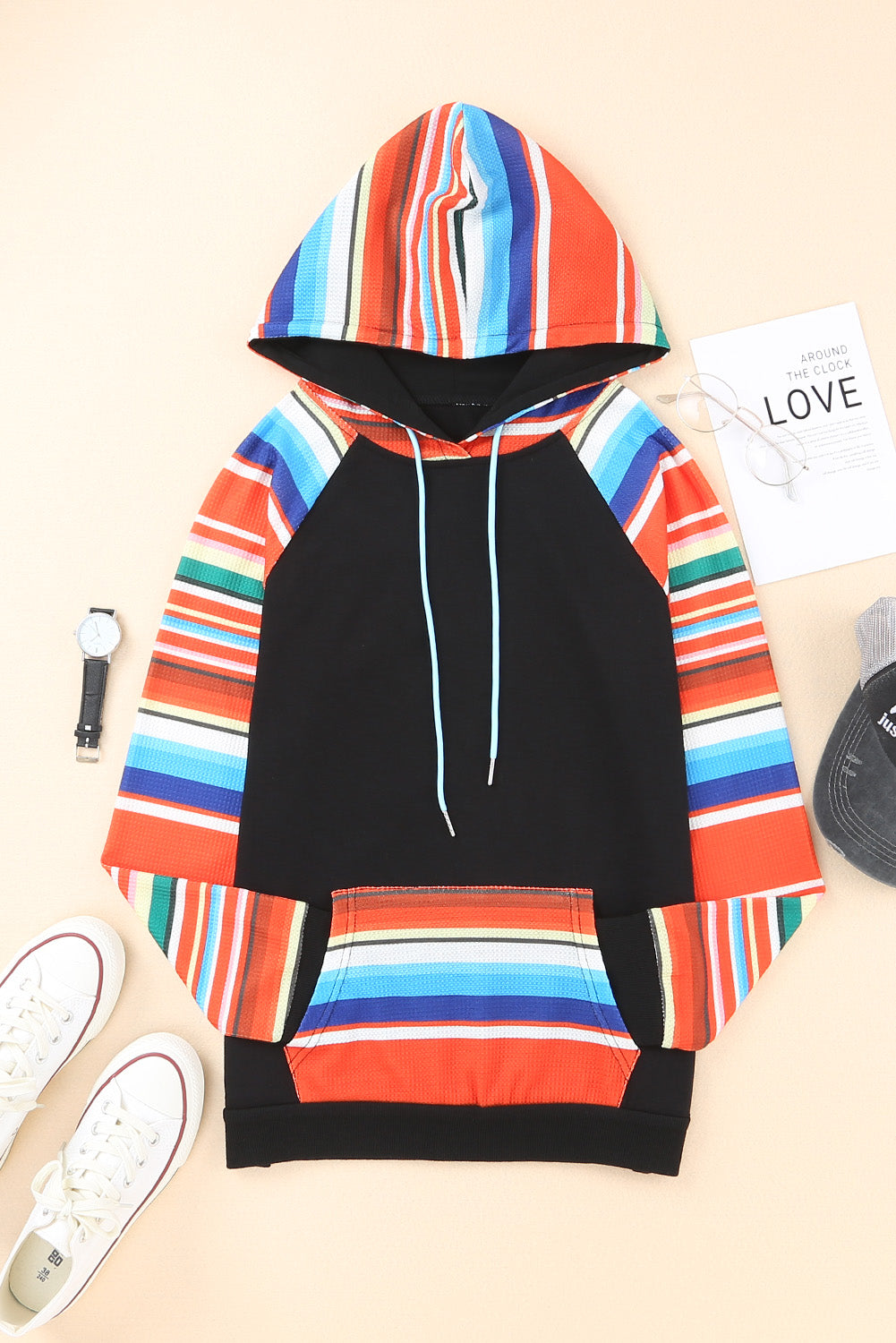 Multicolor Colorful Striped Patchwork Kangaroo Pocket Hoodie