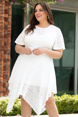 White Plus Size Lace Striped Texture Handkerchief Hem Dress