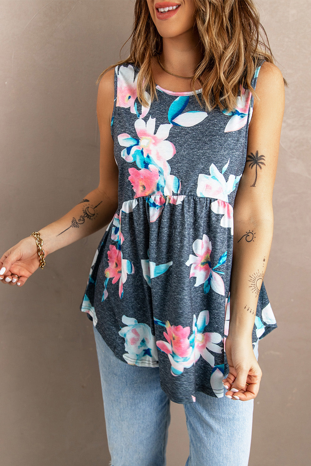 Gray Flowy Blooms Babydoll Tank Top