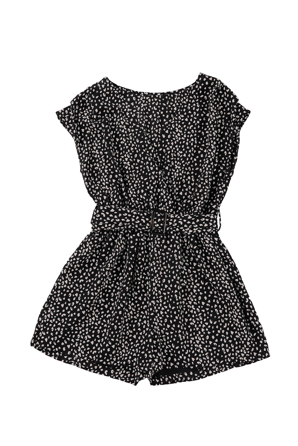 Black Leopard Print Belted V Neck Short Sleeve Romper