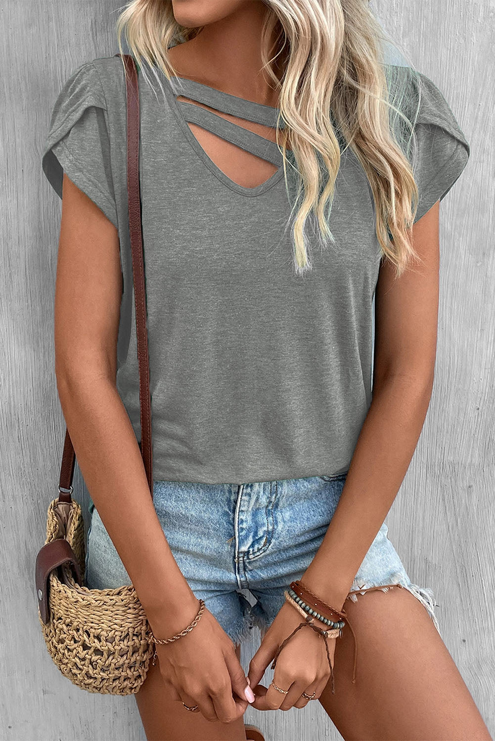 Blue Strappy V Neck Overlap Short Sleeve Top