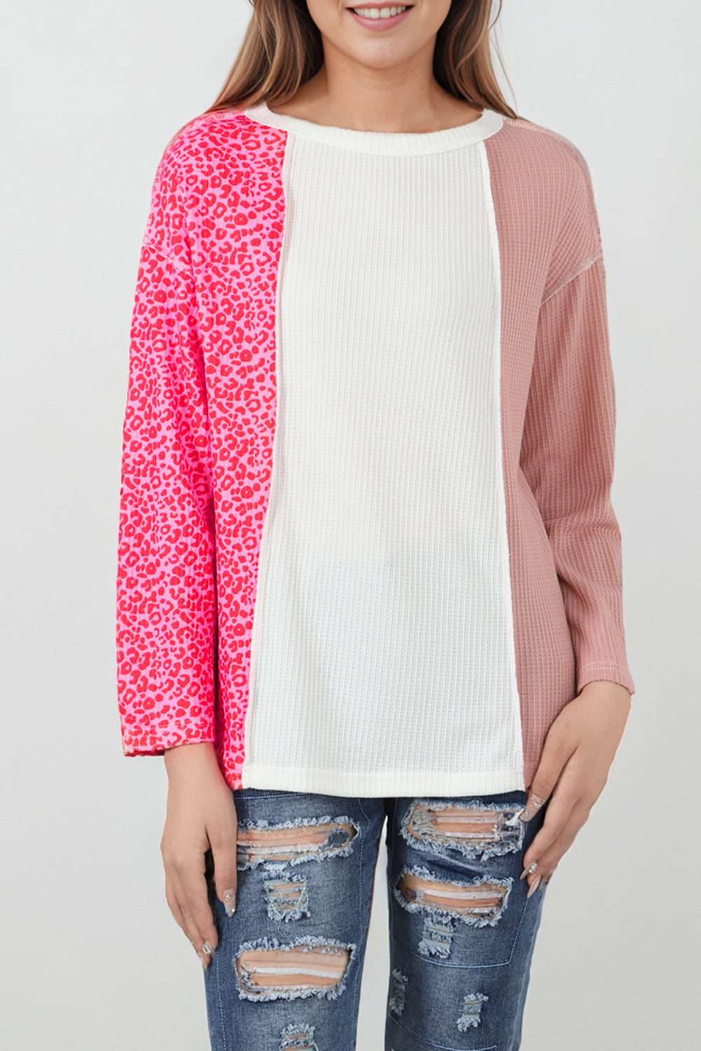 Pink Waffle Knit Exposed Seam Leopard Colorblock Print Top