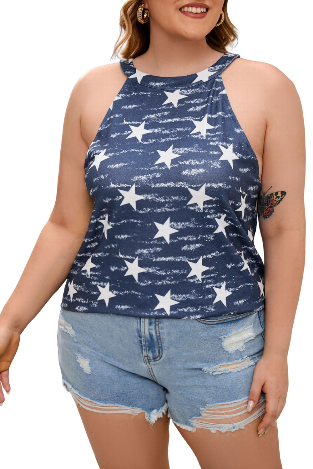 Gray Vintage Knitted Starry Print Plus Size Tank Top