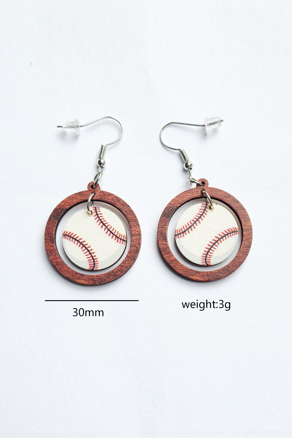 White Baseball Pattern Wood Round Drop Earrings