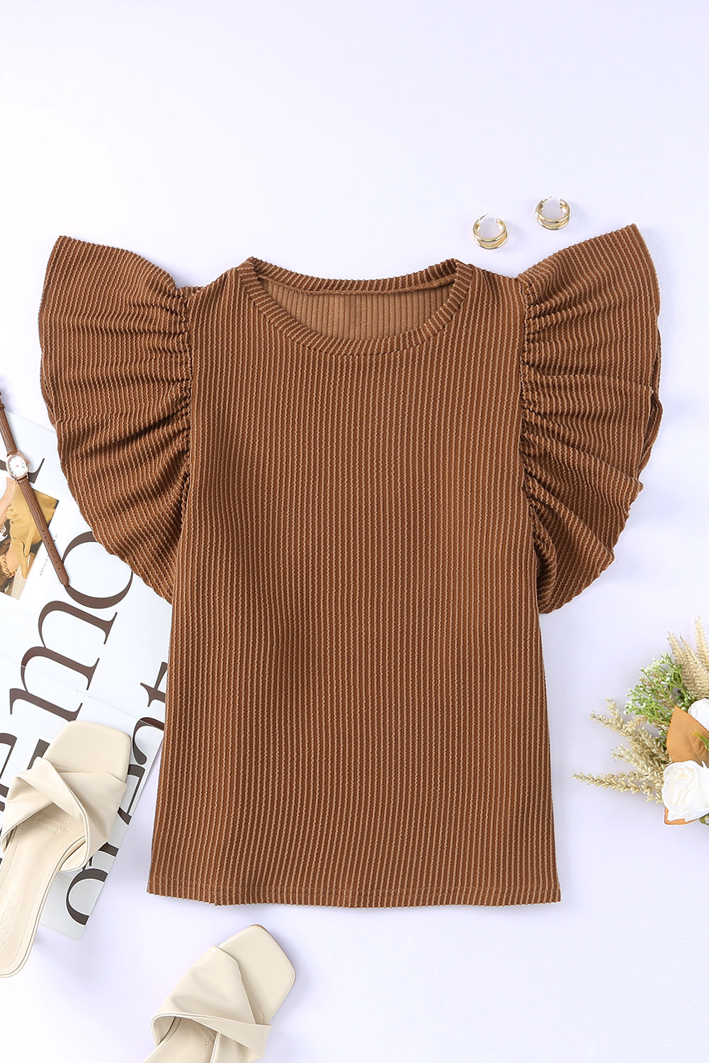 Brown Ribbed Knit Ruffled Short Sleeve T Shirt