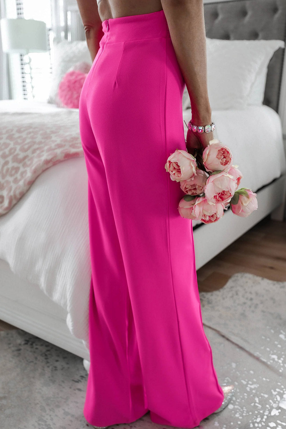 Rose Rhinestone Buckle Sash Wide Leg Pants