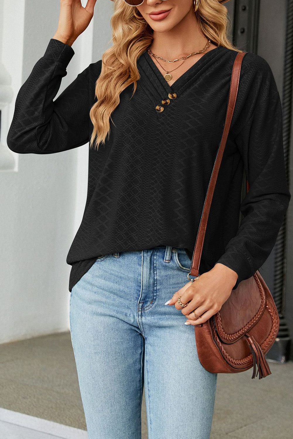 Black Pleated V Neck Jacquard Long Sleeve Top
